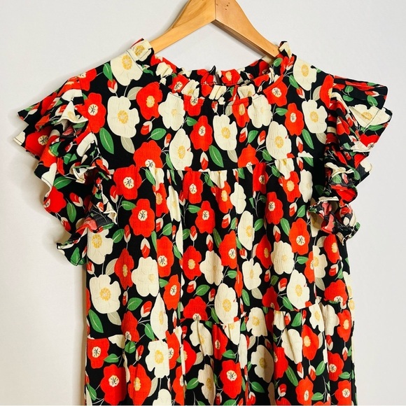Jodifl Dark Floral Ruffle Sleeve Tiered Dress. Size Large. - Picture 4 of 12